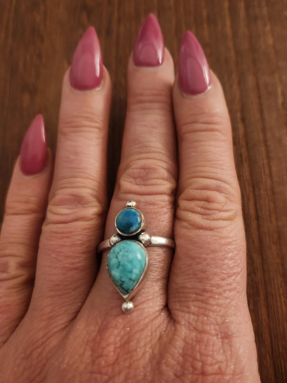 Turquoise Double Stone Sterling Silver Ring - Size 9